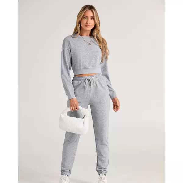 BTFBM Women 2 Piece Outfits Long Sleeve Crop Top Pullover Drawstring Pant Jogger Set Casual Sweatsuits Tracksuit PocketsSolid Grey
