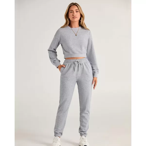BTFBM Women 2 Piece Outfits Long Sleeve Crop Top Pullover Drawstring Pant Jogger Set Casual Sweatsuits Tracksuit PocketsSolid Grey