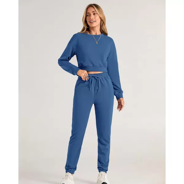 BTFBM Women 2 Piece Outfits Long Sleeve Crop Top Pullover Drawstring Pant Jogger Set Casual Sweatsuits Tracksuit PocketsSolid Lake Blue