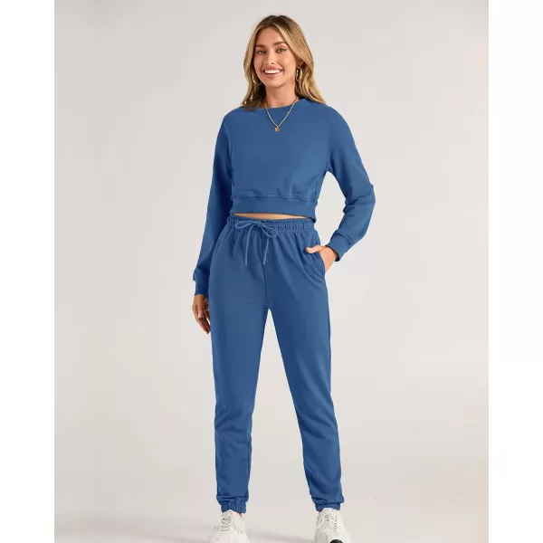 BTFBM Women 2 Piece Outfits Long Sleeve Crop Top Pullover Drawstring Pant Jogger Set Casual Sweatsuits Tracksuit PocketsSolid Lake Blue