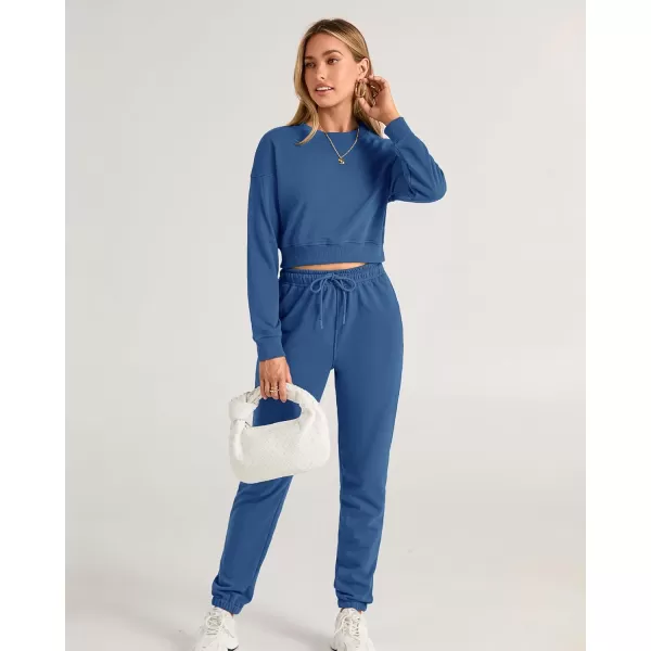 BTFBM Women 2 Piece Outfits Long Sleeve Crop Top Pullover Drawstring Pant Jogger Set Casual Sweatsuits Tracksuit PocketsSolid Lake Blue