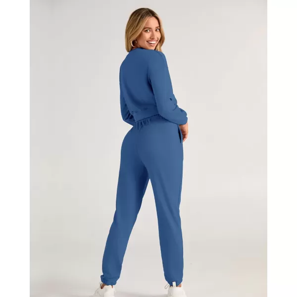 BTFBM Women 2 Piece Outfits Long Sleeve Crop Top Pullover Drawstring Pant Jogger Set Casual Sweatsuits Tracksuit PocketsSolid Lake Blue