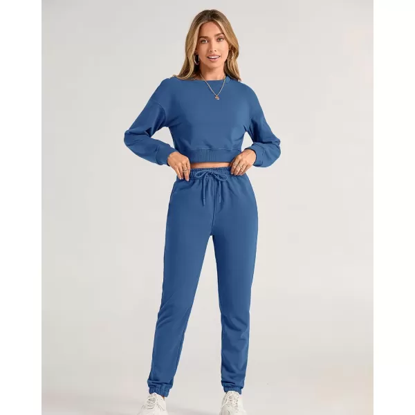 BTFBM Women 2 Piece Outfits Long Sleeve Crop Top Pullover Drawstring Pant Jogger Set Casual Sweatsuits Tracksuit PocketsSolid Lake Blue