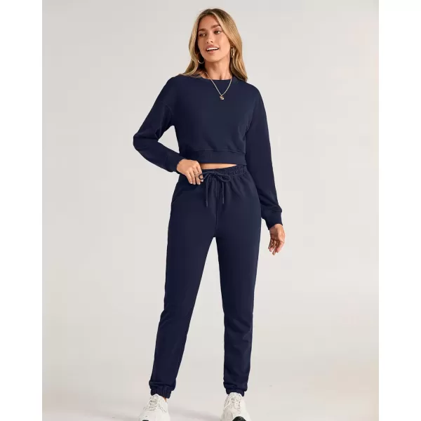BTFBM Women 2 Piece Outfits Long Sleeve Crop Top Pullover Drawstring Pant Jogger Set Casual Sweatsuits Tracksuit PocketsSolid Navy