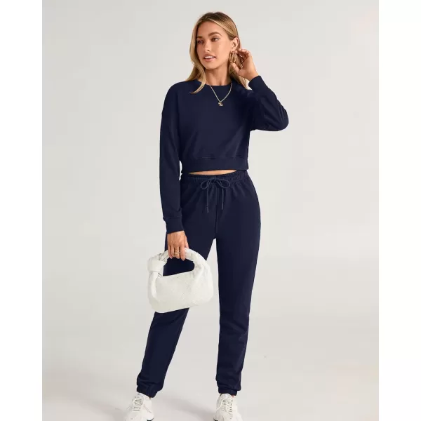 BTFBM Women 2 Piece Outfits Long Sleeve Crop Top Pullover Drawstring Pant Jogger Set Casual Sweatsuits Tracksuit PocketsSolid Navy