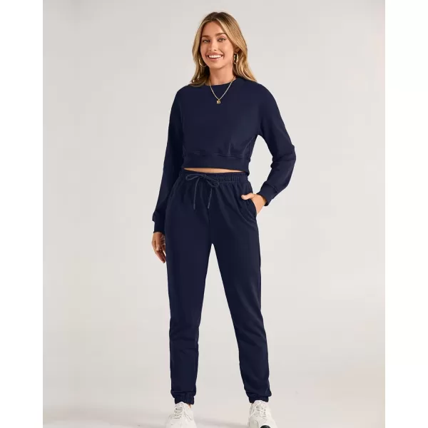 BTFBM Women 2 Piece Outfits Long Sleeve Crop Top Pullover Drawstring Pant Jogger Set Casual Sweatsuits Tracksuit PocketsSolid Navy
