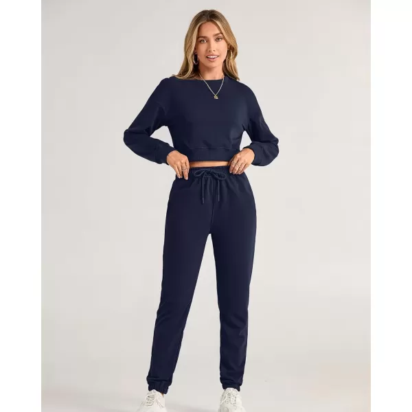 BTFBM Women 2 Piece Outfits Long Sleeve Crop Top Pullover Drawstring Pant Jogger Set Casual Sweatsuits Tracksuit PocketsSolid Navy