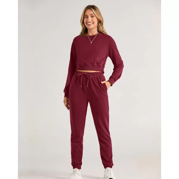 BTFBM Women 2 Piece Outfits Long Sleeve Crop Top Pullover Drawstring Pant Jogger Set Casual Sweatsuits Tracksuit PocketsSolid Wine Red