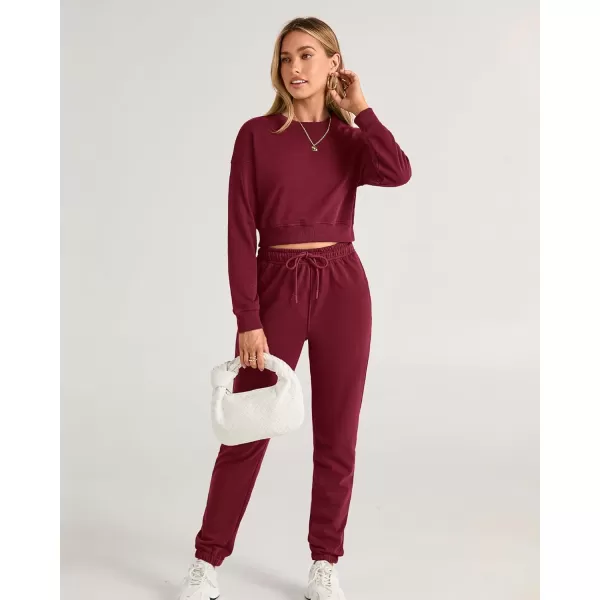BTFBM Women 2 Piece Outfits Long Sleeve Crop Top Pullover Drawstring Pant Jogger Set Casual Sweatsuits Tracksuit PocketsSolid Wine Red