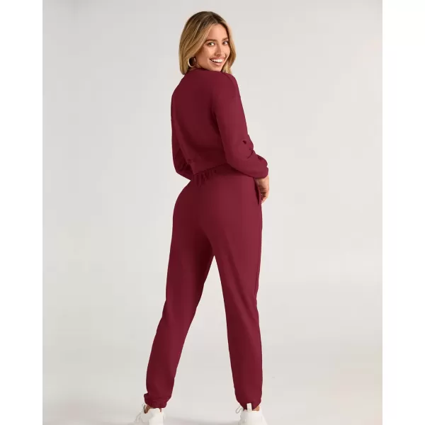 BTFBM Women 2 Piece Outfits Long Sleeve Crop Top Pullover Drawstring Pant Jogger Set Casual Sweatsuits Tracksuit PocketsSolid Wine Red