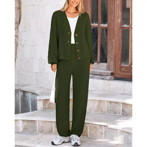 BTFBM Women 2 piece Outfits Fall Knit Sweater Sets Loose Casual Button Down Cardigan Long Pants Matching Lounge SetSolid Army Green