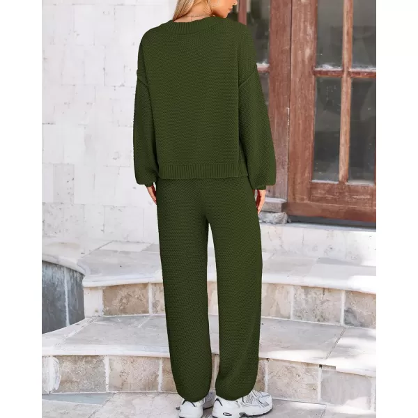 BTFBM Women 2 piece Outfits Fall Knit Sweater Sets Loose Casual Button Down Cardigan Long Pants Matching Lounge SetSolid Army Green