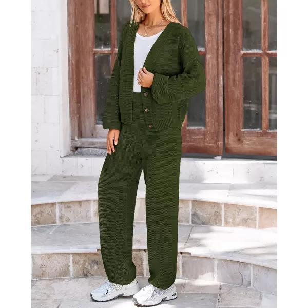 BTFBM Women 2 piece Outfits Fall Knit Sweater Sets Loose Casual Button Down Cardigan Long Pants Matching Lounge SetSolid Army Green