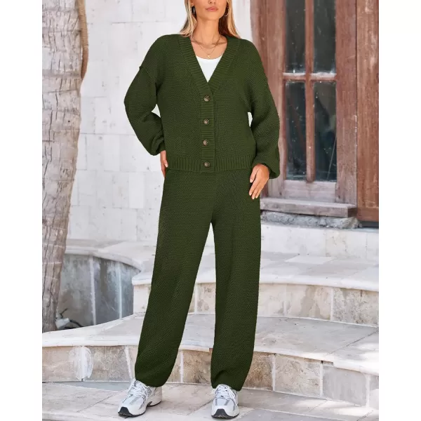 BTFBM Women 2 piece Outfits Fall Knit Sweater Sets Loose Casual Button Down Cardigan Long Pants Matching Lounge SetSolid Army Green