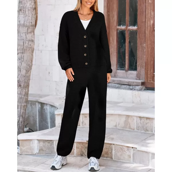 BTFBM Women 2 piece Outfits Fall Knit Sweater Sets Loose Casual Button Down Cardigan Long Pants Matching Lounge SetSolid Black