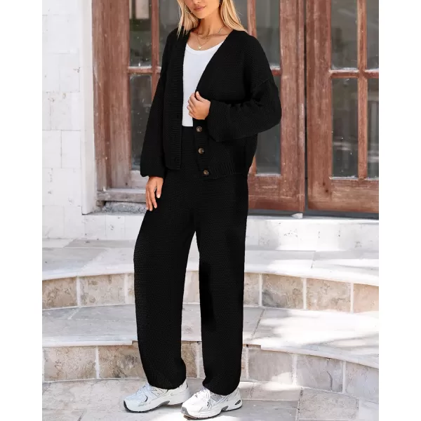 BTFBM Women 2 piece Outfits Fall Knit Sweater Sets Loose Casual Button Down Cardigan Long Pants Matching Lounge SetSolid Black