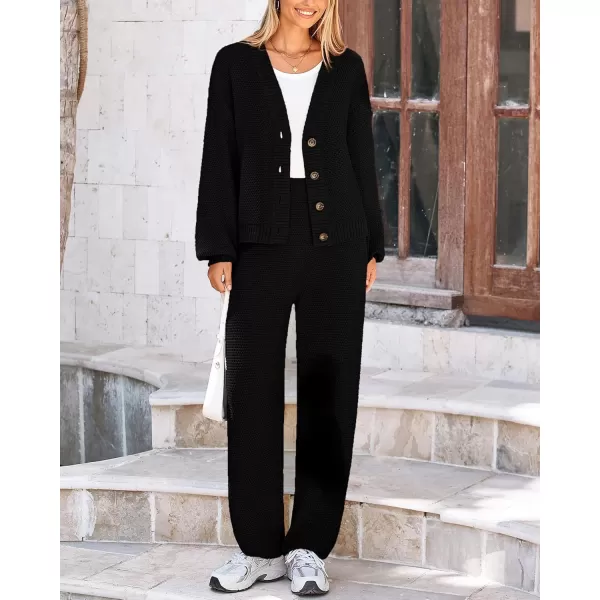 BTFBM Women 2 piece Outfits Fall Knit Sweater Sets Loose Casual Button Down Cardigan Long Pants Matching Lounge SetSolid Black