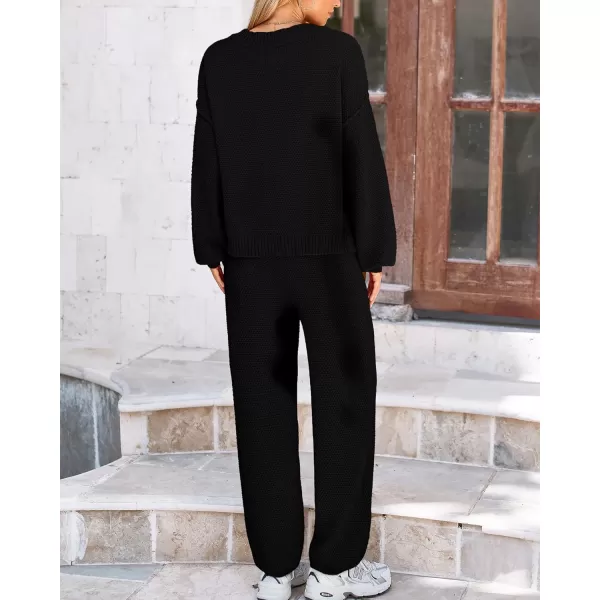 BTFBM Women 2 piece Outfits Fall Knit Sweater Sets Loose Casual Button Down Cardigan Long Pants Matching Lounge SetSolid Black