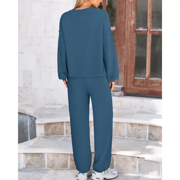 BTFBM Women 2 piece Outfits Fall Knit Sweater Sets Loose Casual Button Down Cardigan Long Pants Matching Lounge SetSolid Blue