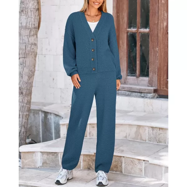 BTFBM Women 2 piece Outfits Fall Knit Sweater Sets Loose Casual Button Down Cardigan Long Pants Matching Lounge SetSolid Blue