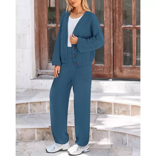 BTFBM Women 2 piece Outfits Fall Knit Sweater Sets Loose Casual Button Down Cardigan Long Pants Matching Lounge SetSolid Blue
