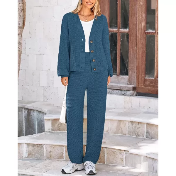 BTFBM Women 2 piece Outfits Fall Knit Sweater Sets Loose Casual Button Down Cardigan Long Pants Matching Lounge SetSolid Blue