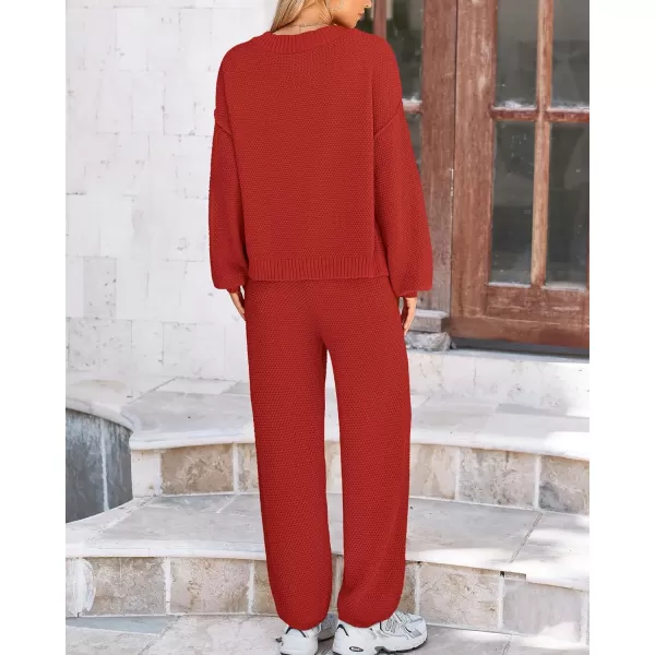 BTFBM Women 2 piece Outfits Fall Knit Sweater Sets Loose Casual Button Down Cardigan Long Pants Matching Lounge SetSolid Brick Red