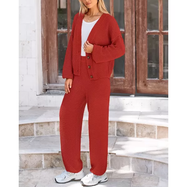 BTFBM Women 2 piece Outfits Fall Knit Sweater Sets Loose Casual Button Down Cardigan Long Pants Matching Lounge SetSolid Brick Red