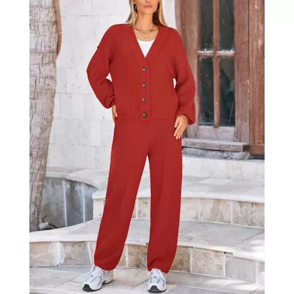 BTFBM Women 2 piece Outfits Fall Knit Sweater Sets Loose Casual Button Down Cardigan Long Pants Matching Lounge SetSolid Brick Red
