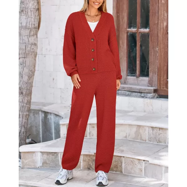 BTFBM Women 2 piece Outfits Fall Knit Sweater Sets Loose Casual Button Down Cardigan Long Pants Matching Lounge SetSolid Brick Red