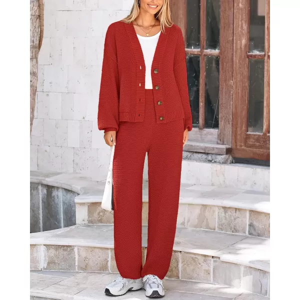 BTFBM Women 2 piece Outfits Fall Knit Sweater Sets Loose Casual Button Down Cardigan Long Pants Matching Lounge SetSolid Brick Red