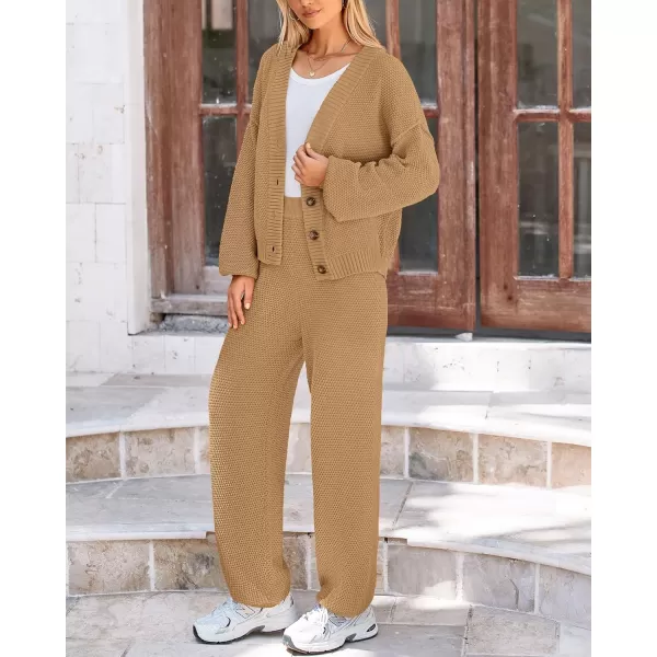 BTFBM Women 2 piece Outfits Fall Knit Sweater Sets Loose Casual Button Down Cardigan Long Pants Matching Lounge SetSolid Camel