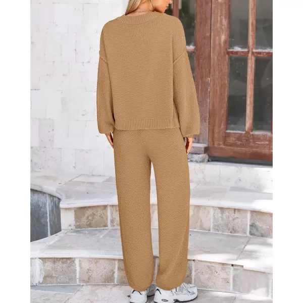 BTFBM Women 2 piece Outfits Fall Knit Sweater Sets Loose Casual Button Down Cardigan Long Pants Matching Lounge SetSolid Camel