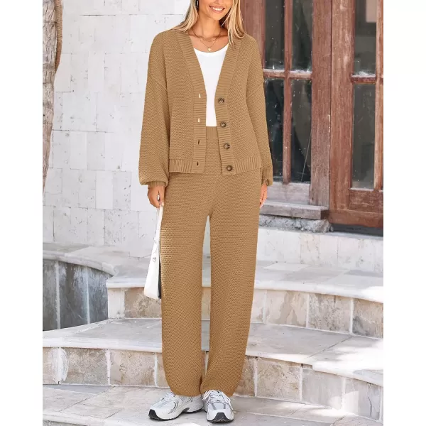 BTFBM Women 2 piece Outfits Fall Knit Sweater Sets Loose Casual Button Down Cardigan Long Pants Matching Lounge SetSolid Camel