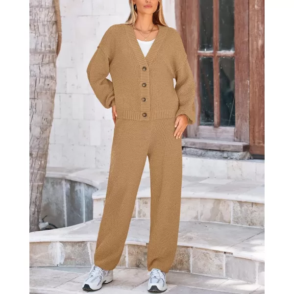 BTFBM Women 2 piece Outfits Fall Knit Sweater Sets Loose Casual Button Down Cardigan Long Pants Matching Lounge SetSolid Camel