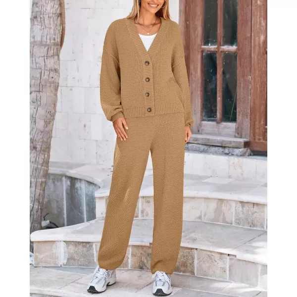 BTFBM Women 2 piece Outfits Fall Knit Sweater Sets Loose Casual Button Down Cardigan Long Pants Matching Lounge SetSolid Camel