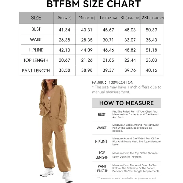 BTFBM Women 2 piece Outfits Fall Knit Sweater Sets Loose Casual Button Down Cardigan Long Pants Matching Lounge SetSolid Camel