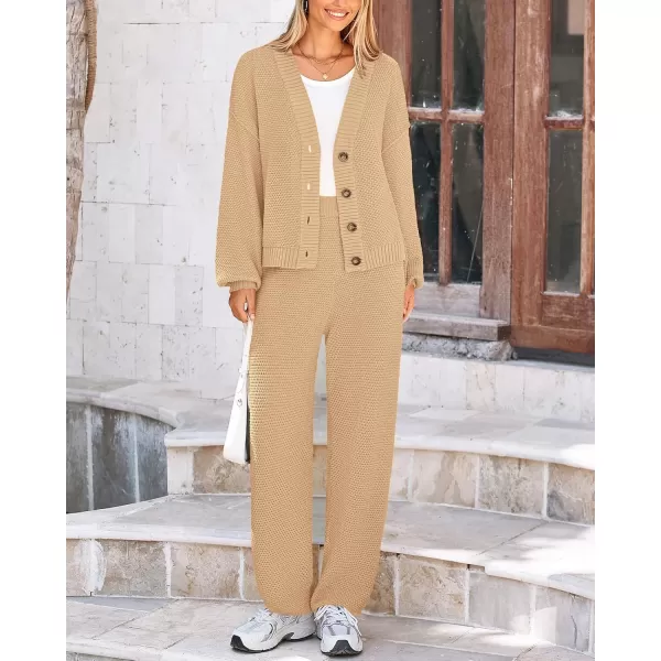 BTFBM Women 2 piece Outfits Fall Knit Sweater Sets Loose Casual Button Down Cardigan Long Pants Matching Lounge SetSolid Light Khaki