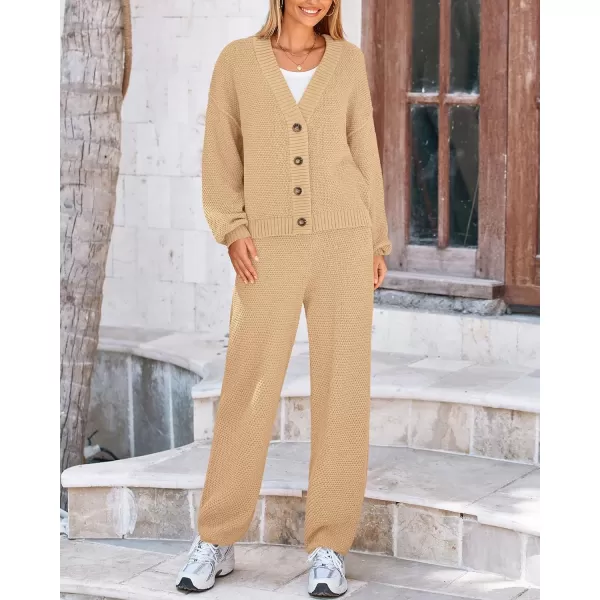 BTFBM Women 2 piece Outfits Fall Knit Sweater Sets Loose Casual Button Down Cardigan Long Pants Matching Lounge SetSolid Light Khaki
