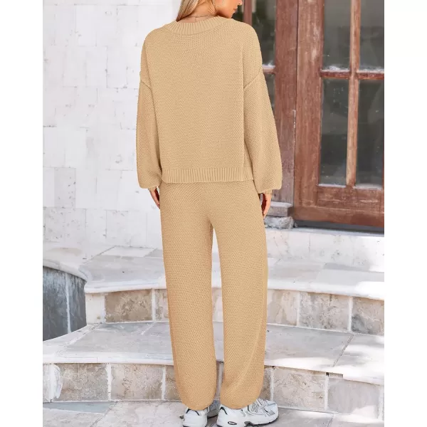 BTFBM Women 2 piece Outfits Fall Knit Sweater Sets Loose Casual Button Down Cardigan Long Pants Matching Lounge SetSolid Light Khaki