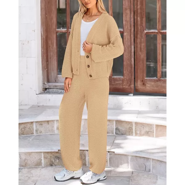BTFBM Women 2 piece Outfits Fall Knit Sweater Sets Loose Casual Button Down Cardigan Long Pants Matching Lounge SetSolid Light Khaki
