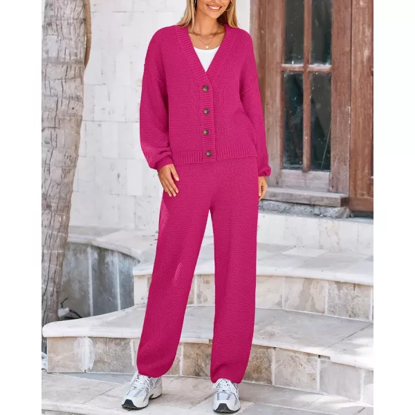 BTFBM Women 2 piece Outfits Fall Knit Sweater Sets Loose Casual Button Down Cardigan Long Pants Matching Lounge SetSolid Rose Red