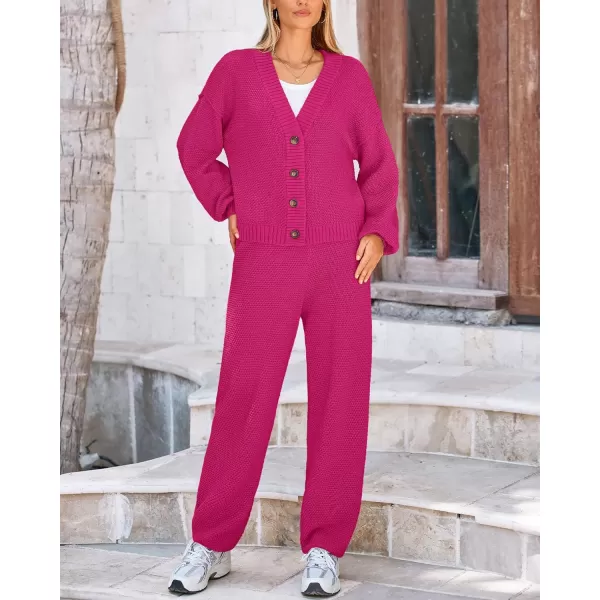 BTFBM Women 2 piece Outfits Fall Knit Sweater Sets Loose Casual Button Down Cardigan Long Pants Matching Lounge SetSolid Rose Red