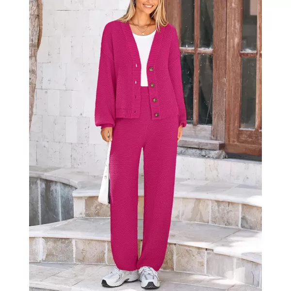 BTFBM Women 2 piece Outfits Fall Knit Sweater Sets Loose Casual Button Down Cardigan Long Pants Matching Lounge SetSolid Rose Red