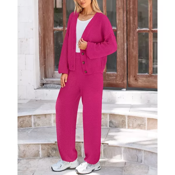 BTFBM Women 2 piece Outfits Fall Knit Sweater Sets Loose Casual Button Down Cardigan Long Pants Matching Lounge SetSolid Rose Red