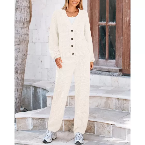 BTFBM Women 2 piece Outfits Fall Knit Sweater Sets Loose Casual Button Down Cardigan Long Pants Matching Lounge SetSolid White