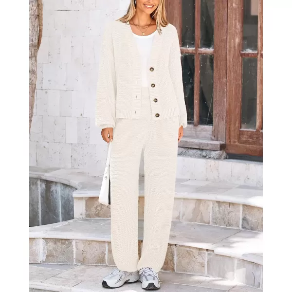 BTFBM Women 2 piece Outfits Fall Knit Sweater Sets Loose Casual Button Down Cardigan Long Pants Matching Lounge SetSolid White