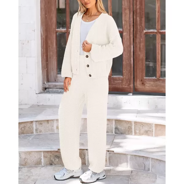 BTFBM Women 2 piece Outfits Fall Knit Sweater Sets Loose Casual Button Down Cardigan Long Pants Matching Lounge SetSolid White