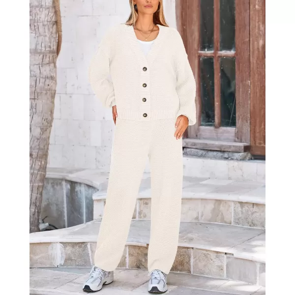BTFBM Women 2 piece Outfits Fall Knit Sweater Sets Loose Casual Button Down Cardigan Long Pants Matching Lounge SetSolid White