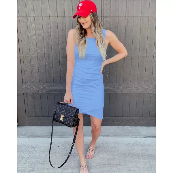 BTFBM Women 2024 Summer Sleeveless Tank Dresses Crew Neck Slim Fit Short Casual Ruched Bodycon Party Club Mini DressAiry Blue